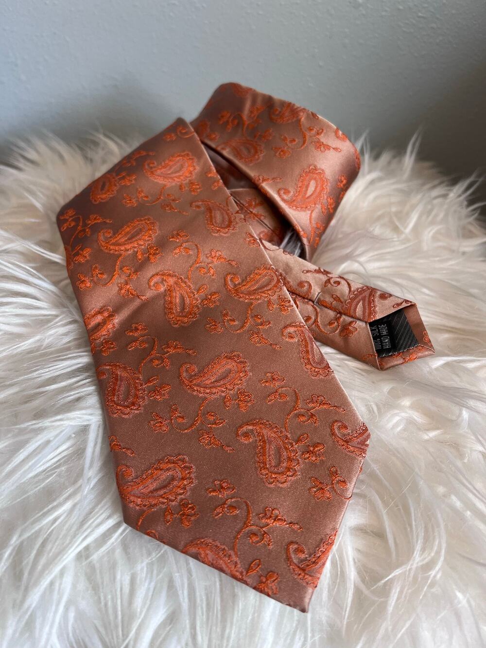 Emilio Ponti Neck Tie 100% Silk Orange Embossed Paisley 60 x 4 Inch Necktie Luxe